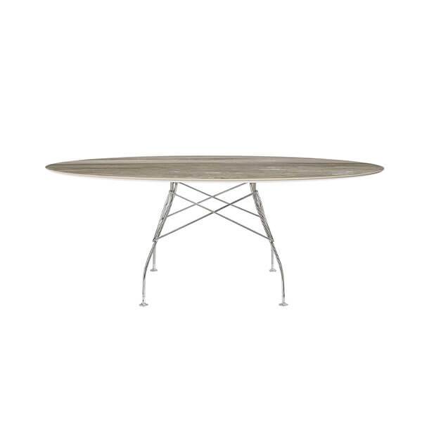 Se Kartell Glossy spisebord - 192x118 cm. - Tropical Grey - krom stel hos Erling Christensen Møbler