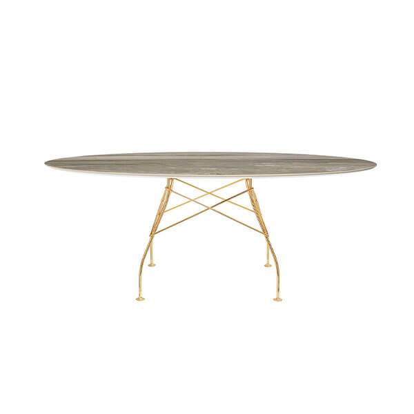Se Kartell Glossy spisebord - 192x118 cm. - Tropical Grey - guld stel hos Erling Christensen Møbler