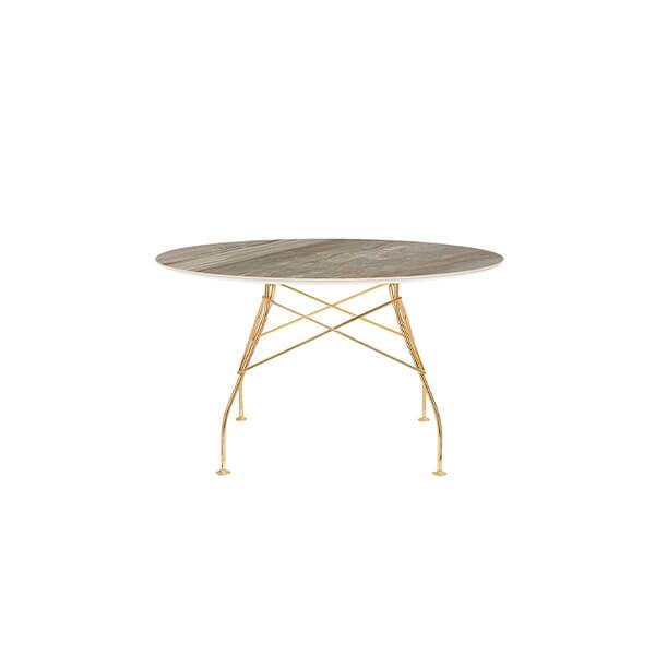 Se Kartell Glossy spisebord - Ø128 cm. - Tropical Grey - guld stel hos Erling Christensen Møbler