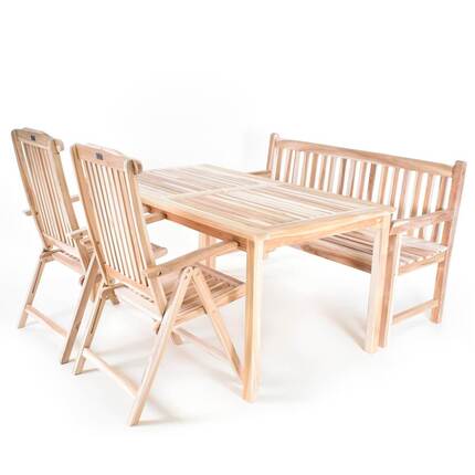 Havemøbelsæt i massiv teak - Rektangulært bord 90x150 cm, 2 stole og bænk 