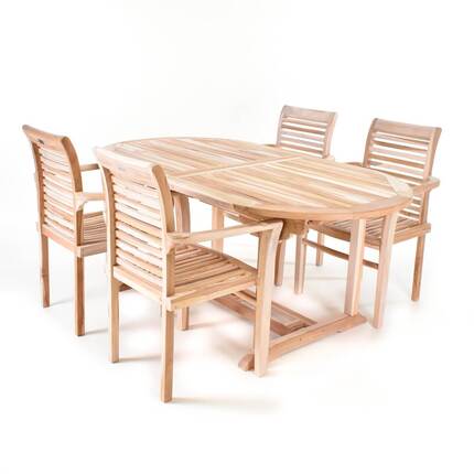 Havemøbelsæt i massiv teak - Ovalt bord 100 x 180/240 cm og 4 stole 
