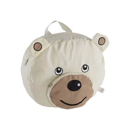 Rygsæk formet som en bamse som indeholder en baby dyne