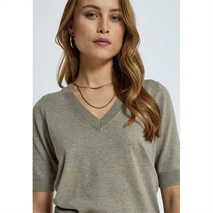 Minus Milla Vv-neck knit tee - Wood smoke melange 