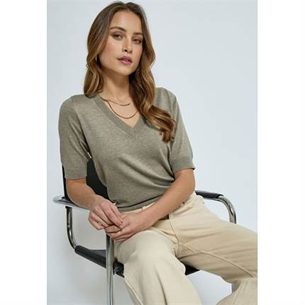 Minus Milla Vv-neck knit tee - Wood smoke melange 