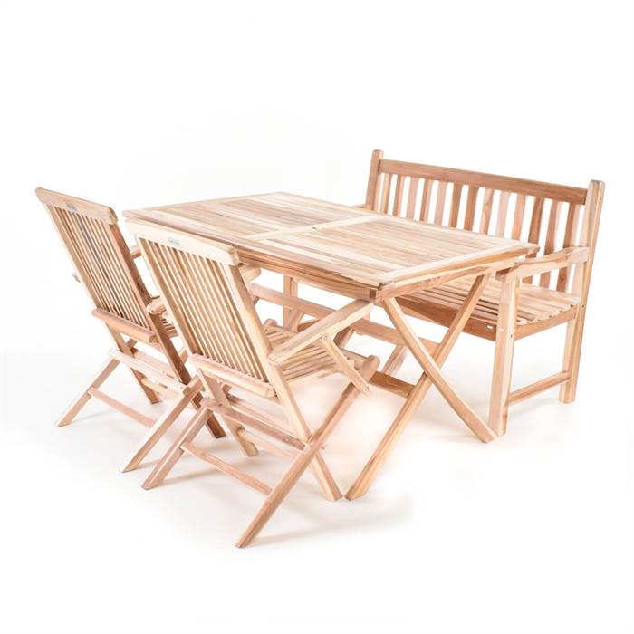 5: Havemøbelsæt i massiv teak - Aflangt bord 135x85 cm, 2 stole og bænk