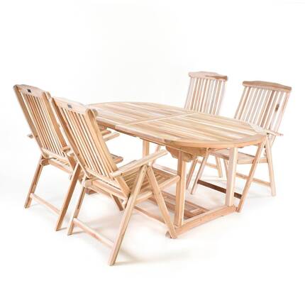 Havemøbelsæt i massiv teak - Ovalt bord 100 x 180/240 cm og 4 høje foldestole 