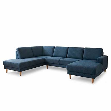 Sofie u-sofa med chaiselong og open-end - mørkeblå - egetræsben 